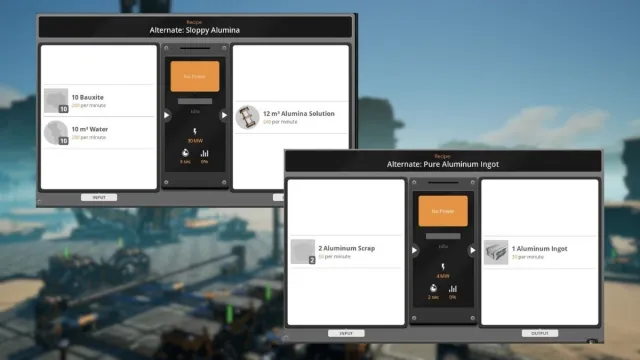 satisfactory Sloppy Alumina and Pure Aluminum Ingot alternate recipe inside refinery and smelter menu