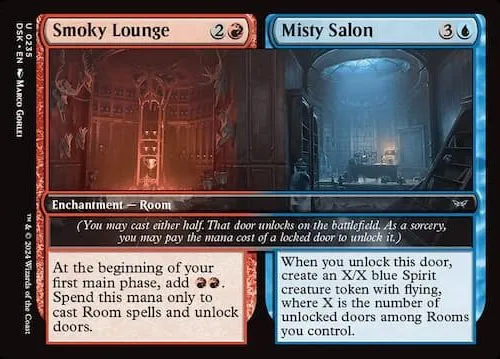 Two rooms on one card, one in blue and the other in red, each showing haunted areas in a house through Duskmourn MTG set