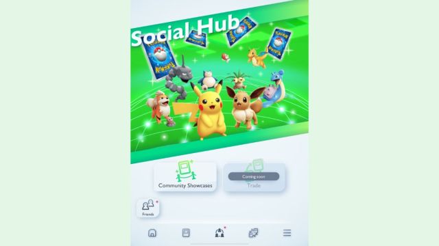 Pokémon TCG Pocket social hub screen.