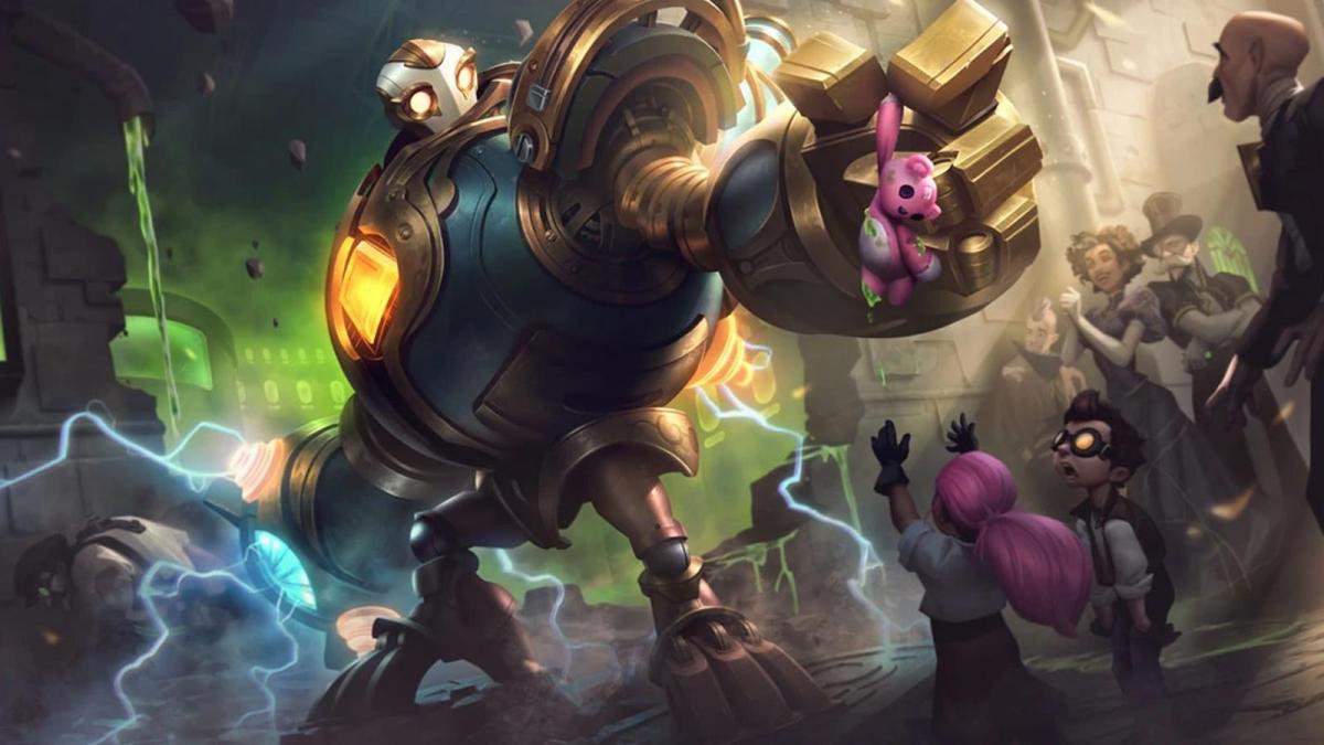 Victorious Blitzcrank appears in League of Legends with a bronze finish. The huge iron golem is saving a small creature as it protects an area in Runeterra.