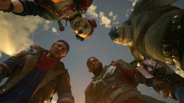 Harley, King Shark, Boomerang, and Deadshot looking down in Suicide Squad: Kill the Justice League