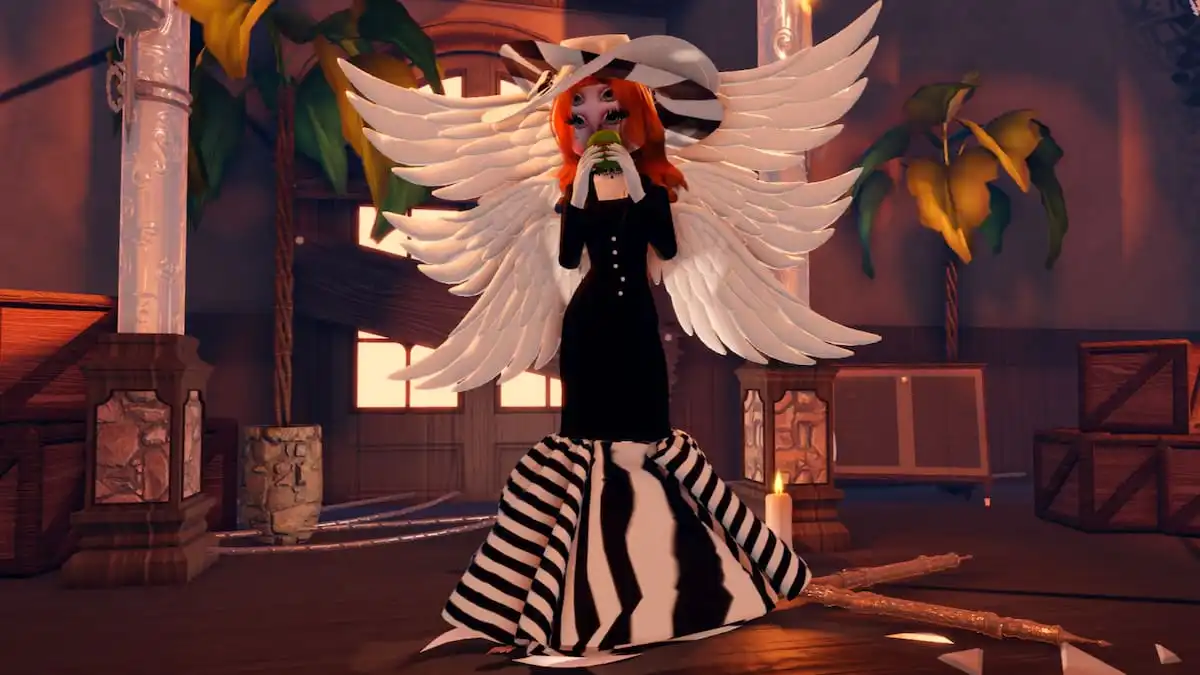 A Surrealism inspired look with the player wearing black and white stripes and holding a green apple in Dress to Impress.