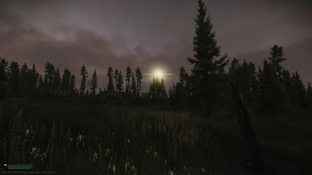 A yellow flare lights up the woodlands and grasslands in Escape from Tarkov.