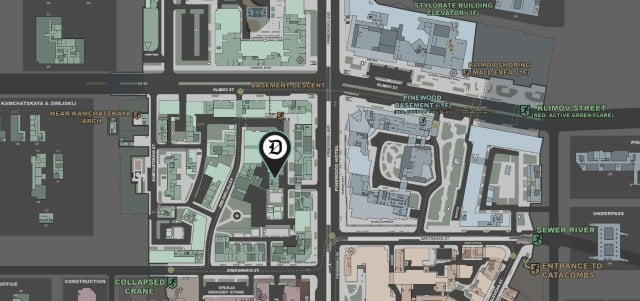 An overhead map of the Streets of Tarkov map in Escape from Tarkov with the location of a quest item marked.