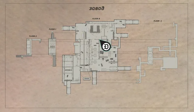 A floor plan of the Factory map in Escape from Tarkov with a quest marker pointing to an objective.