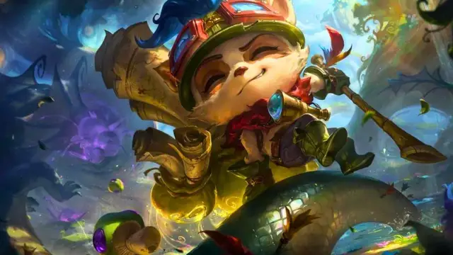 Teemo holding scrolls and weapon on a reptile