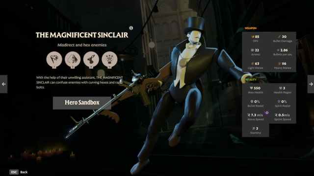 The Magnificent Sinclair hero in Deadlock. They have no face and are wearing gentlemanly clothes, such as a suit and a tophat and a waistcoat. In their arm they carry what looks like a Tommy gun and has a massive watch around their neck.