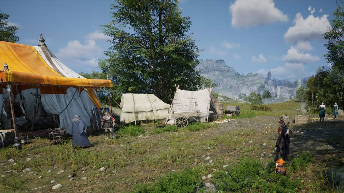 Throne and Liberty player standing near a hunter campsite