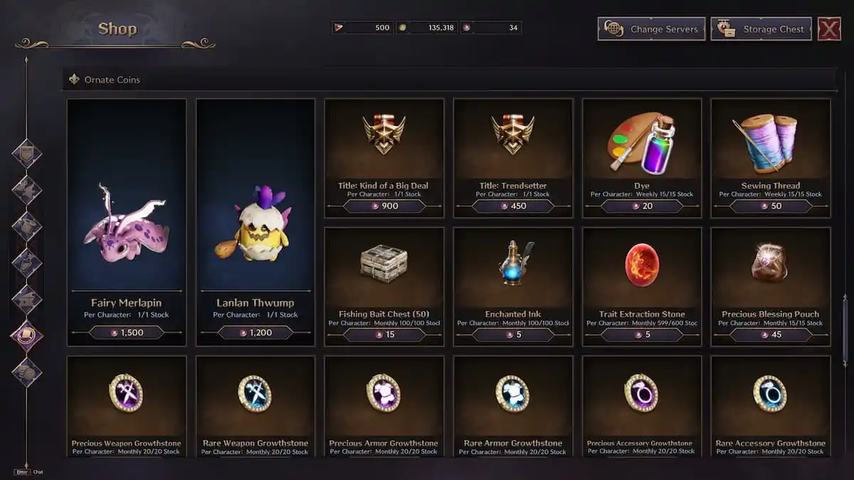 Ornate Coins shop section in Throne and Liberty