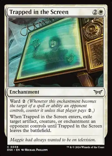 Hunam trapped in gold tv screen with blue and white lines for MTG Duskmourn set