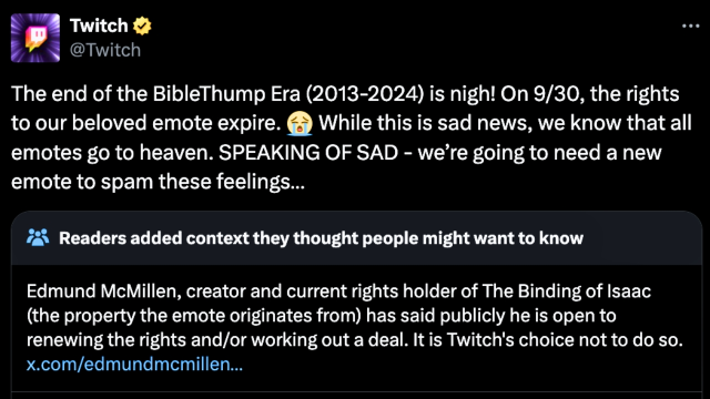 A screenshot of Twitch's announcement regarding the non-renewal of Bible Thump emote