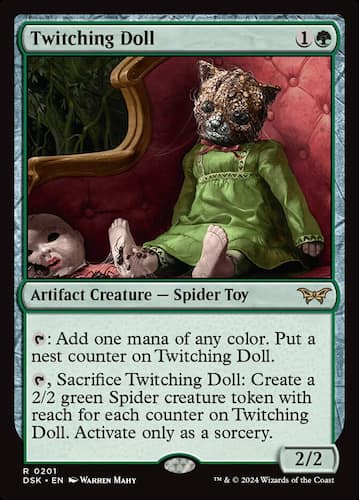 A cat face human doll with holes in feet and green dress in MTG Duskmourn set