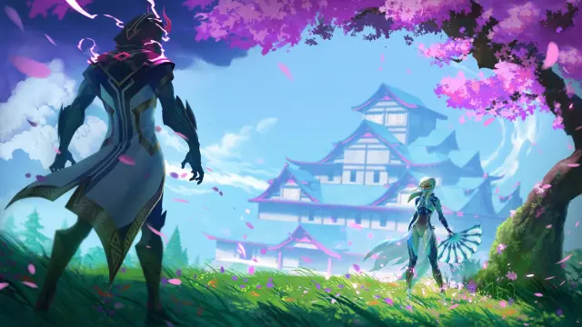 Two Fortnite characters face off in a beautiful field with purple trees and a castle in the background.