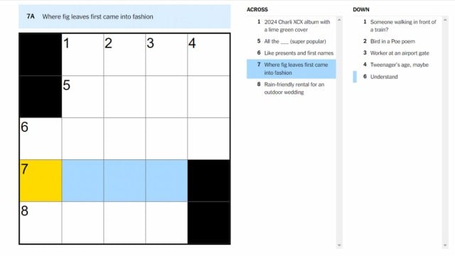 The Where fig leaves first came into fashion clue highlighted on the NYT Mini Crossword puzzle.