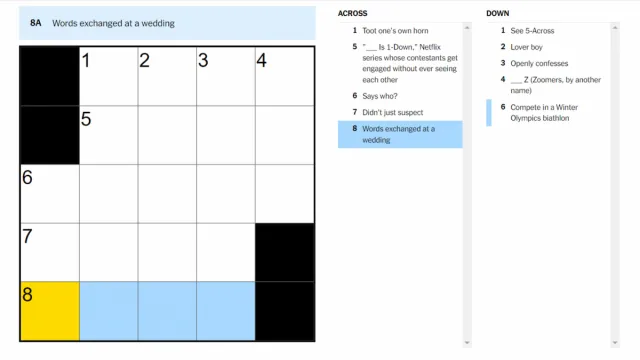 The "Words exchanged at a wedding" clue highlighted on the NYT Mini Crossword.