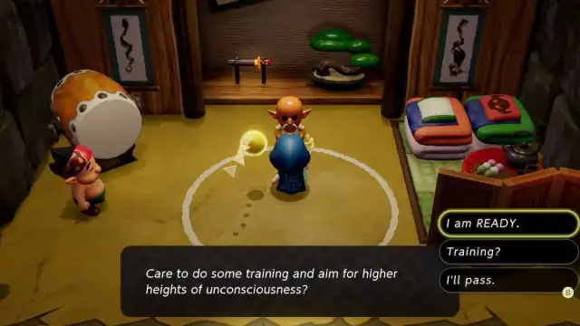 Talking to start a Slumber Dojo challenge in Zelda: Echoes of Wisdom.