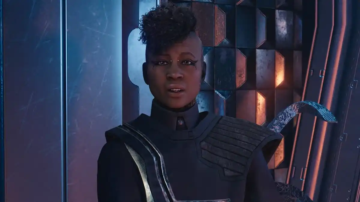 Woman with a mohawk talking to the player character in Starfield