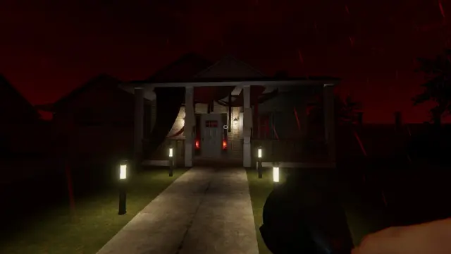 The walkway leading to 13 Willow Street under the red lighting of the blood moon in Phasmophobia.