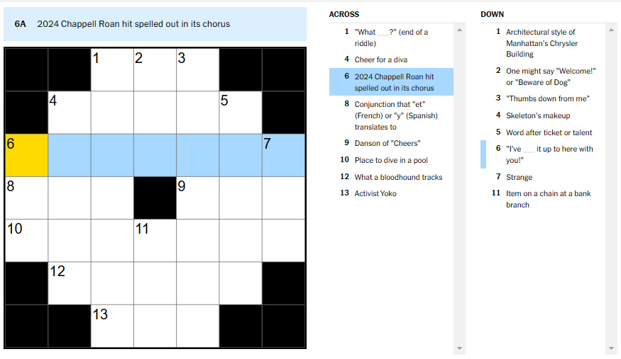 '2024 Chappell Roan hit spelled out in its chorus' NYT Mini Crossword