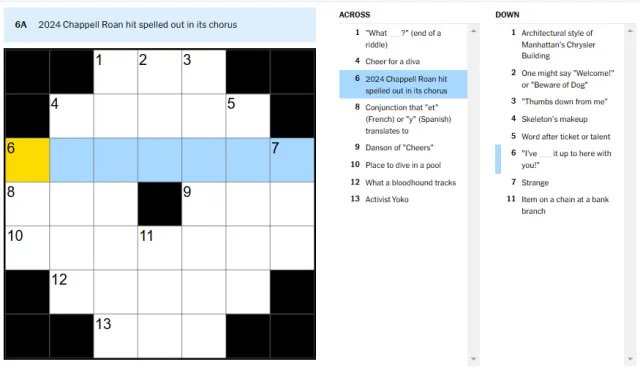 Picture showing the 2024 Chappell Roan hit spelled out in its chorus clue in NYT Mini Crossword.