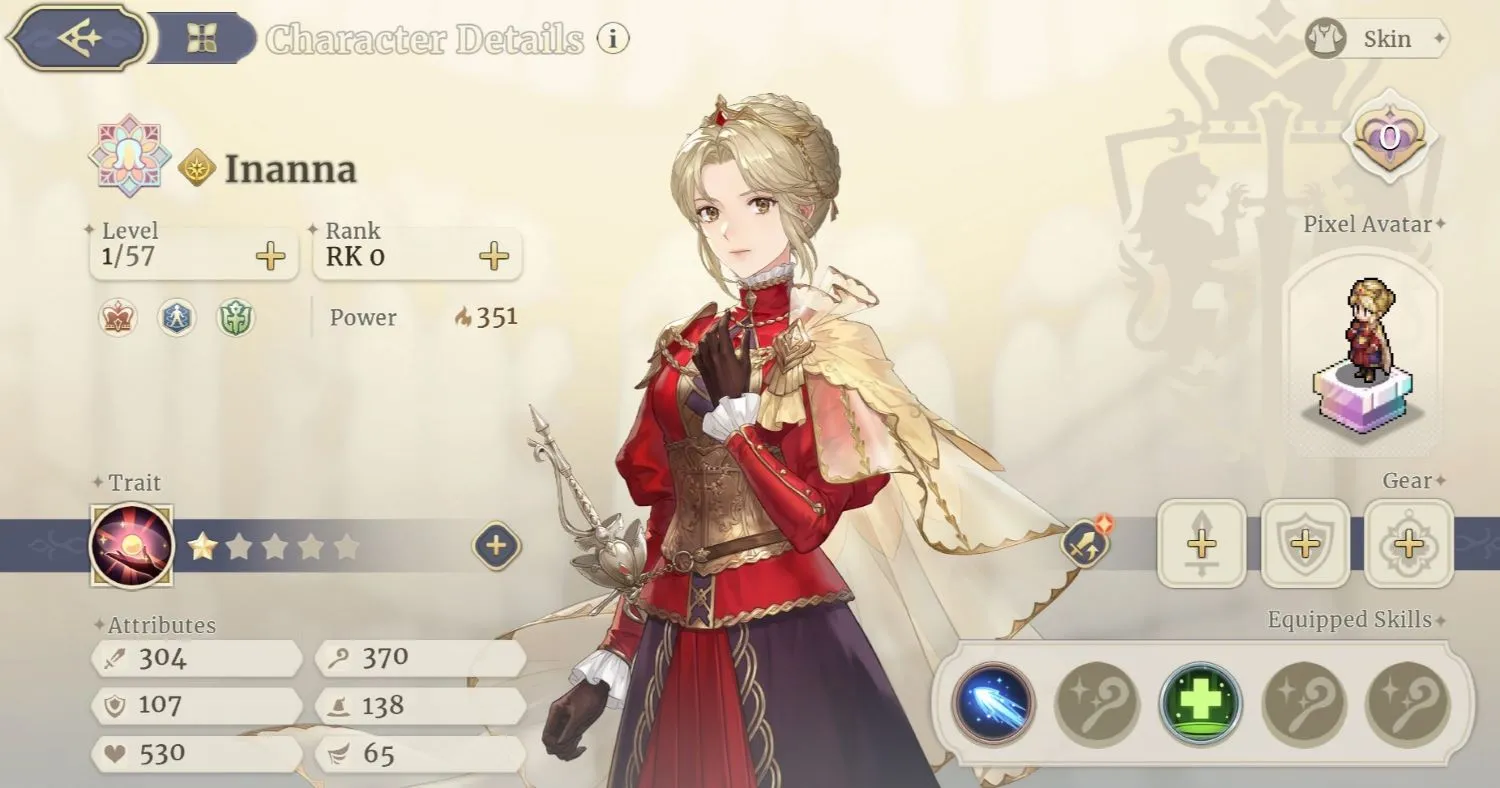 A character profile interface for a young woman in red military regalia drawn in a JRPG style. Initial stats for Inanna in Sword of Convallaria