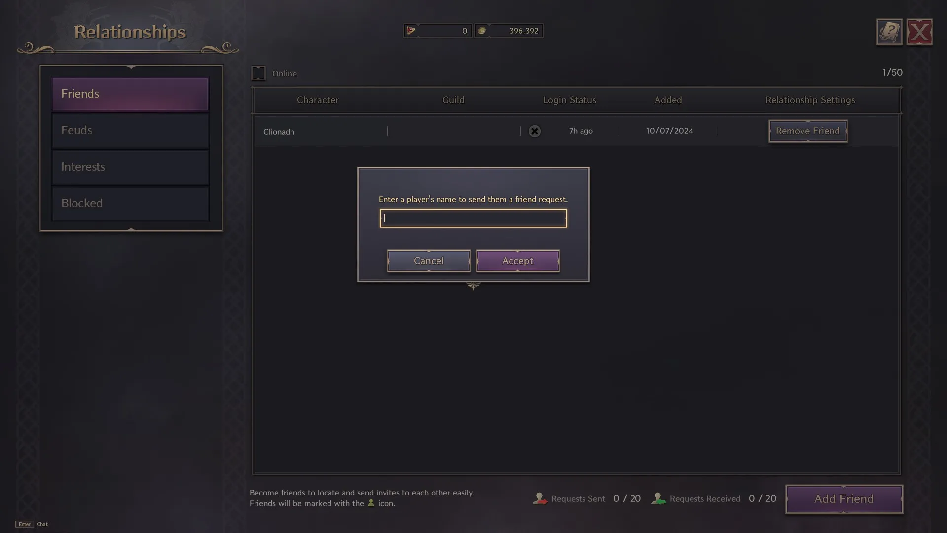 A game UI showing a window to enter a player's name for a friend request. Menu for adding friends in Throne and Liberty.