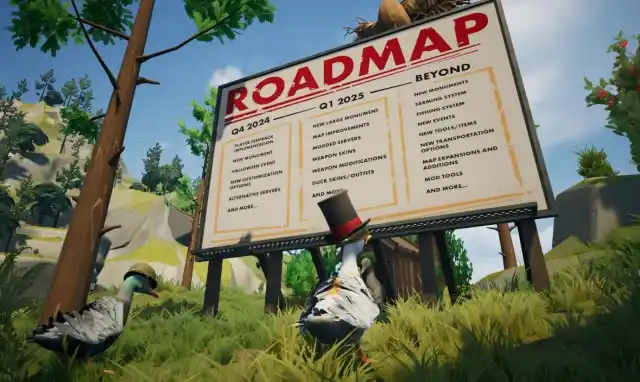 Duckside roadmap on a giant billboard in red ink, with a duck in a top hat standing in front