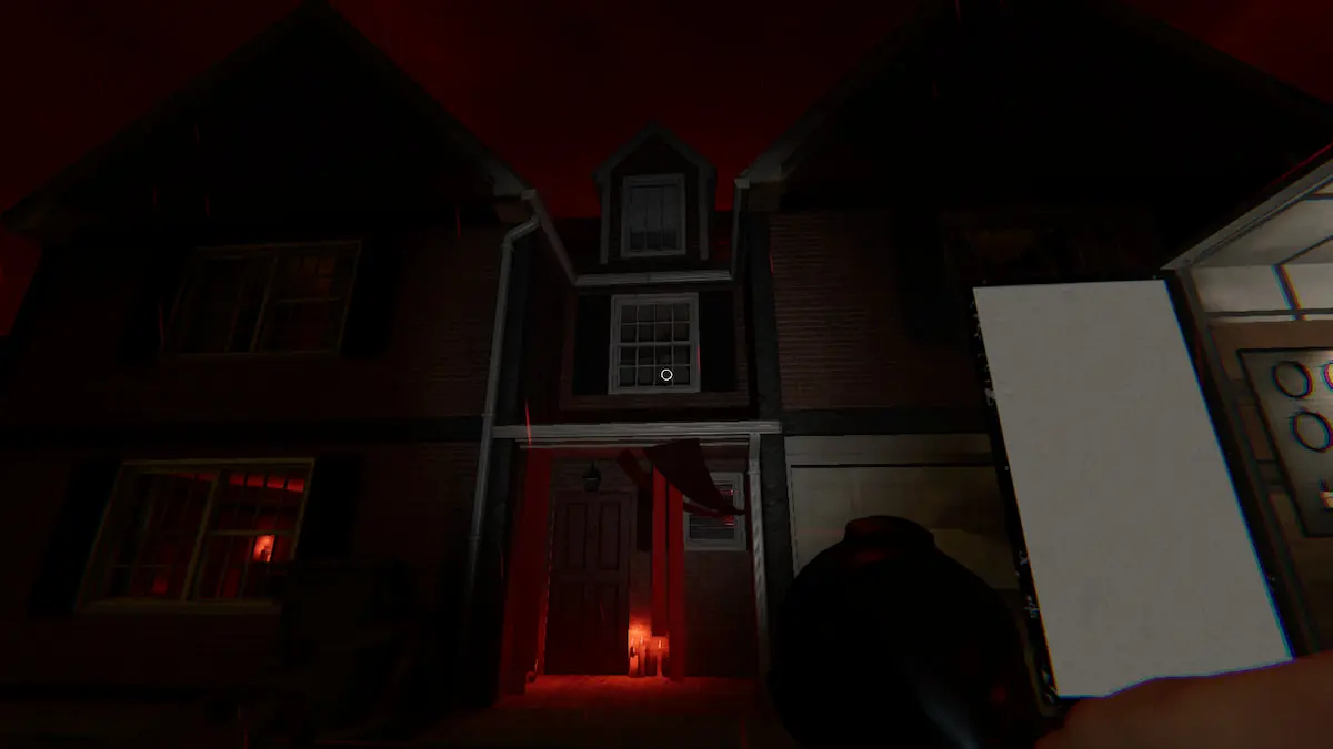 The entrance to the 42 Edgefield Road house shrouded in red light from the blood moon in Phasmophobia.