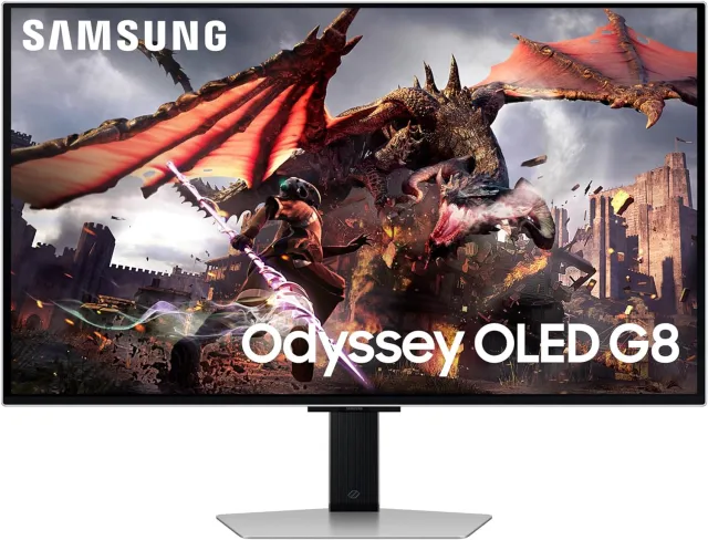 The Samsung Odyssey G8/G80SD S32DG80, a 32-inch OLED flat monitor. More details below.