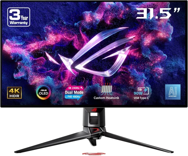 The ASUS ROG Swift OLED PG32UCDP monitor, a 32-inch 4K flat OLED monitor. More details below.