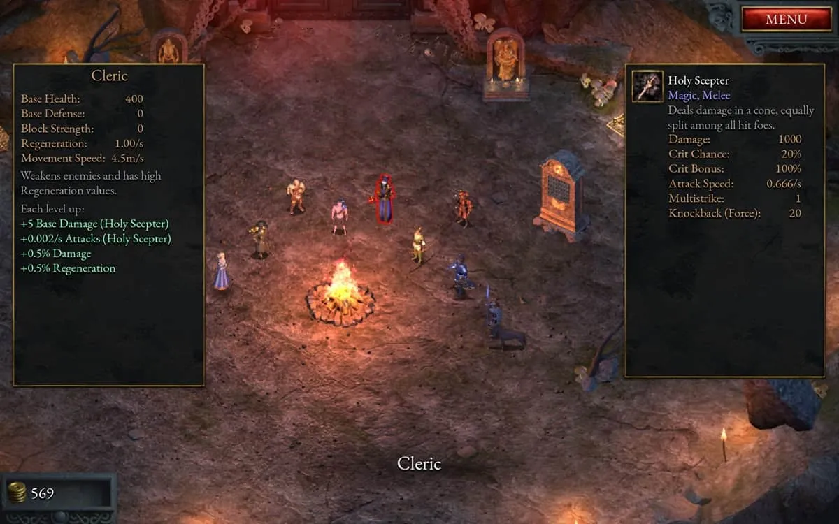 Character selection screen showcasing the Cleric in Halls of Torment