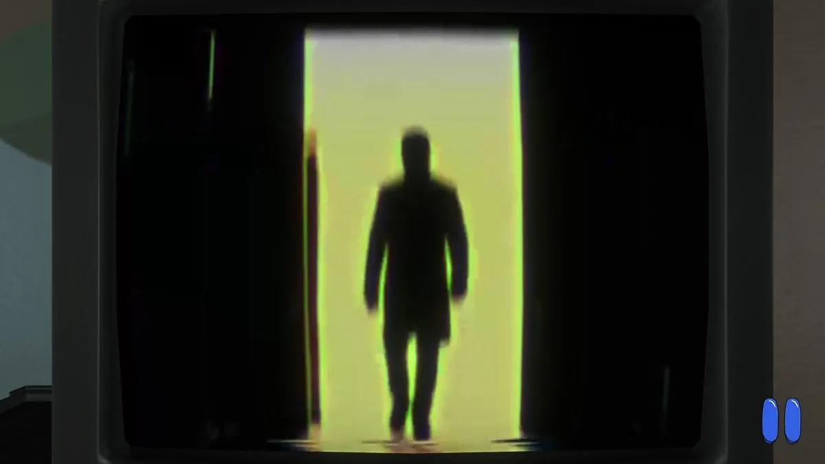 A silhouette of a man walking through a doorway, illuminated by a single light