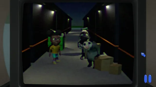 Amanda and Wooly standing in an alley with the opossum in front of them, looking right at the camera