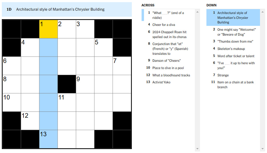 Picture showing the architectural style of Manhattan's Chrysler Building clue in NYT Mini Crossword.