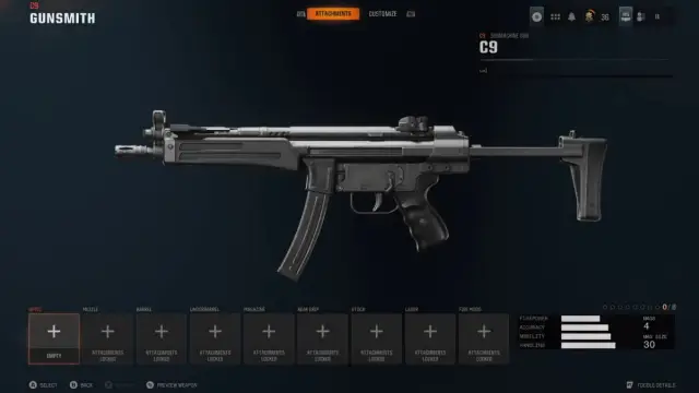 The C9 in Black Ops 6 shown in the Gunsmith.