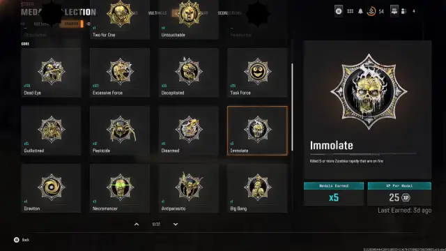 An overview of the medals page in Black Ops 6 Zombies with the Immolate Medal highlighted.