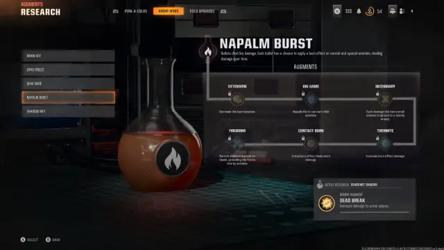 A screenshot showing an overview of the Napalm Burst Ammo Mod and Augments.