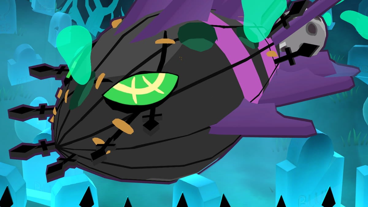 A black undead blimp with green eyes and purple stripes on a blue background