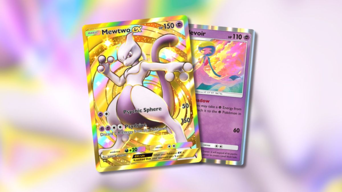 Mewtwo ex and Gardevoir Pokémon TCG Pocket cards with blurred Mewtwo background.