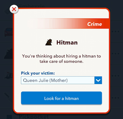 Picture showing the Fairest in the land challenge's Hitman hire box in Bitlife.