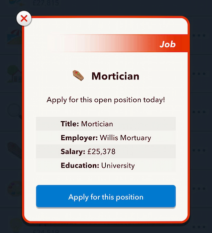 Picture showing the Mortician job for the Halloween Scavenger Hunt in BitLife.