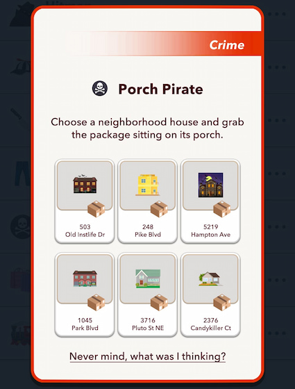 Picture showing the Porch Pirate box for the Halloween Scavenger Hunt in BitLife.