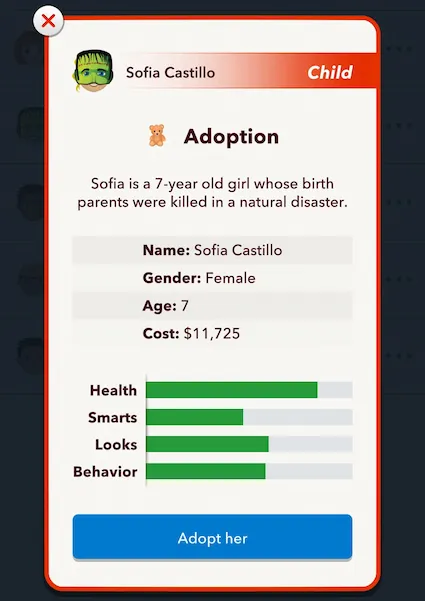 Picture showing a profile of a child looking to get adopted in Bitlife.