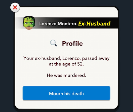 Picture showing the option to mourn the ex-husband in Bitlife.