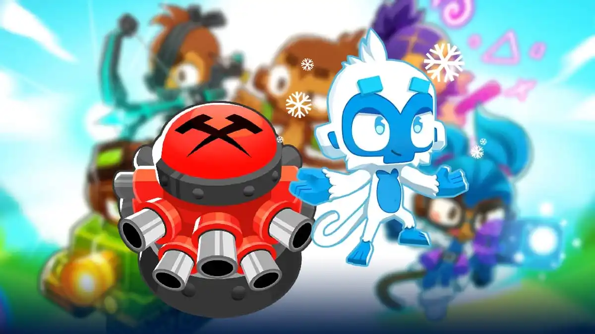 An image of the Ice Monkey and the Tack Shooter from Bloons TD6, two units that deal damage or freze enemies.