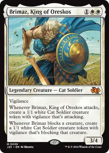 A Cat soldier in Blue and gold holding a gold sword in one hand and a blue and gold shield in the other crossing Plains in MTG Foundations Jumpstart set