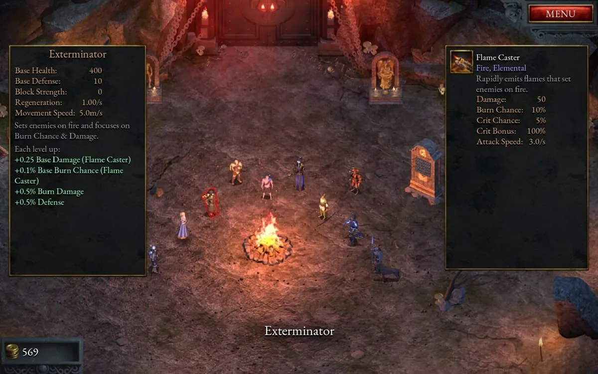 Character selection screen showcasing the Exterminator in Halls of Torment