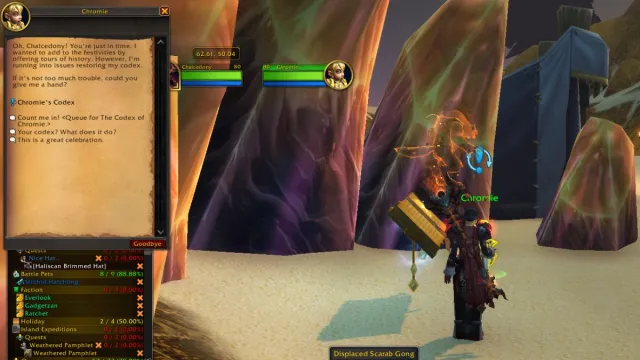 Chromie Gnome NPC in World of Warcraft with giant floating book and quest text explaining story.