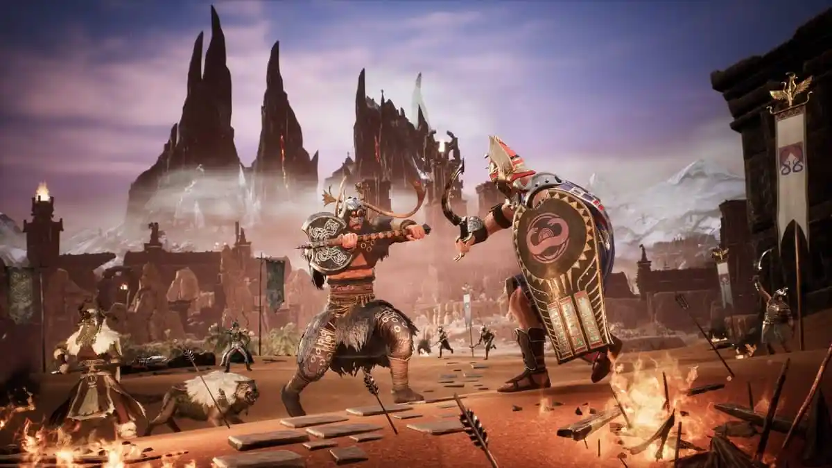 Two barbarians combating each a form of on a battlefield with armies and constructions in the background