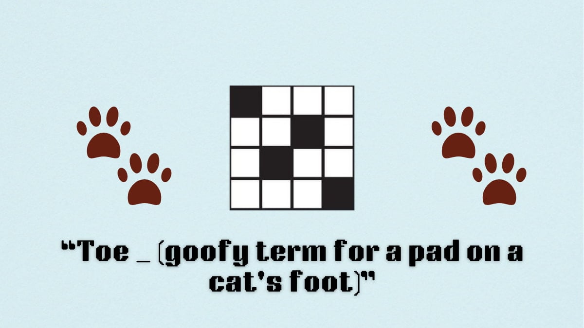 A blank crossword between emojis of paw prints, above a clue.